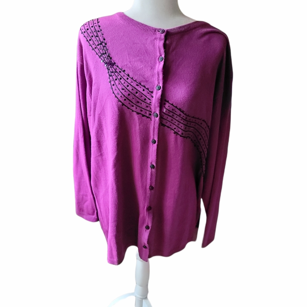CTS Studio purple cardigan sweater ribbon pattern beading across front plus  1X